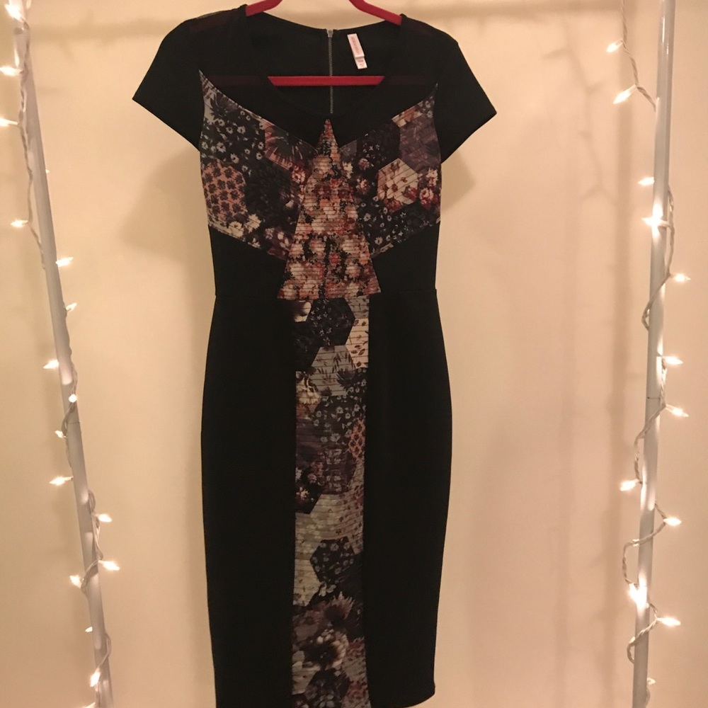 black cocktail dress with floral pattern